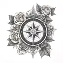 A nautical compass rose intertwined with blooming roses tattoo design idea