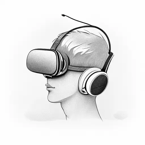 A student wearing headphones immersed in a virtual reality game world tattoo design idea