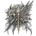 a court of thorns and roses back tattoo, fae wings with nests archerons blade in between   tattoo design idea
