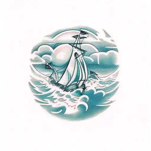 ship in a storm with mermaid on front posidon in background  tattoo design idea