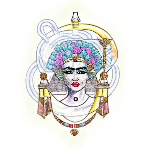 ancient egyptian goddess, capital L, with garnets and carnations tattoo design idea