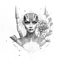 ancient egyptian alien around name Lena with garnets and carnations tattoo design idea