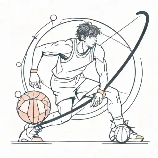Incorporate billiard and basketball motifs in a minimalist design of a player holding a cue stick and basketball tattoo design idea