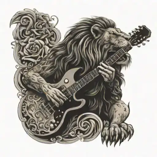 A Foo Fighters inspired tattoo featuring a lion playing a guitar, blending the client's love for music and animals tattoo design idea