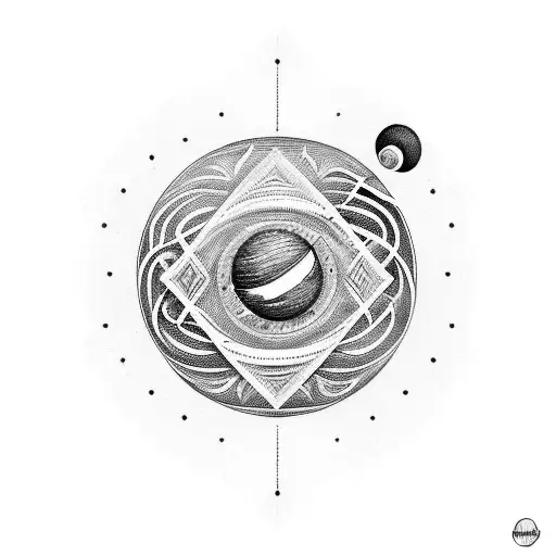 A Blackwork design of The strings of a guitar and the sound hole is the planet Jupiter tattoo design idea