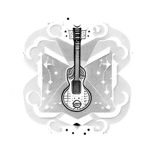A blackwork design of a guitar with constellations as the sound waves coming out of it tattoo design idea