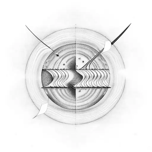A blackwork design of a sound hole of a guitar with chords that become the Jupiter Planet tattoo design idea