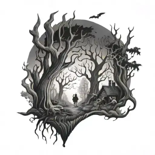 A haunted forest scene with creepy creatures lurking in the shadows tattoo design idea