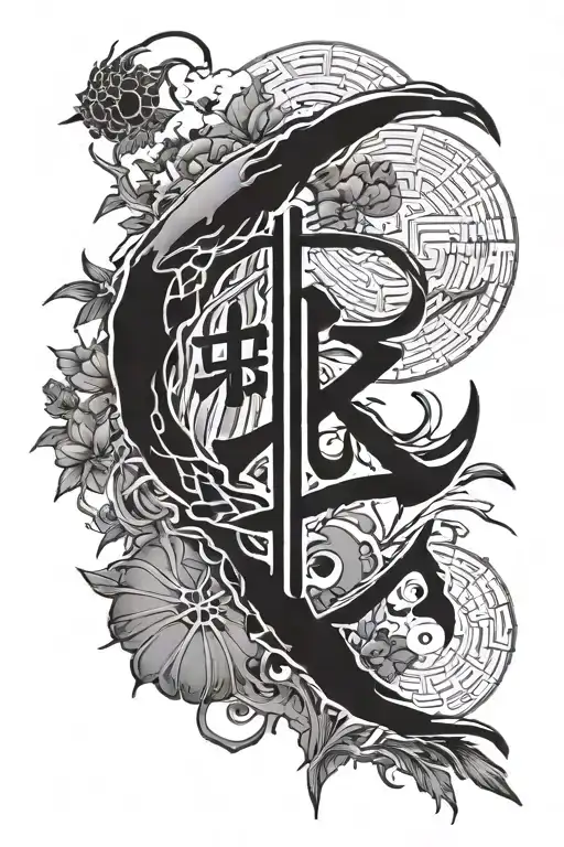 Japanese kanji "Fall seven times, get up eight" with sun and moon tattoo design idea