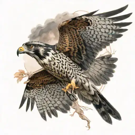 falcon hunting in flight with outstretched wings looking straight tattoo design idea