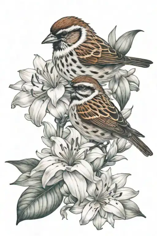 sparrow and lilies intertwined tattoo design idea
