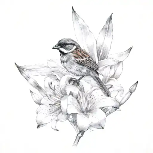 Sparrow holding a lily tattoo design idea