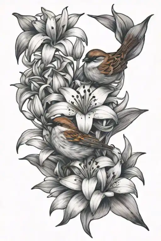 sparrow and lilies intertwined tattoo design idea