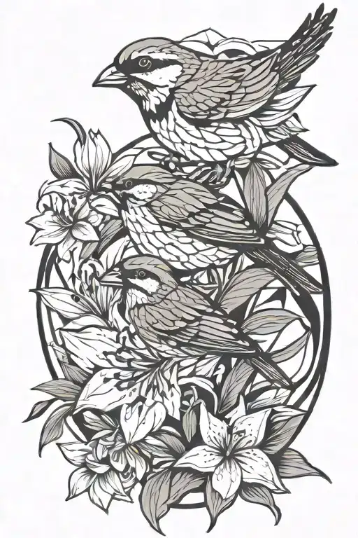 sparrow and lilies intertwined tattoo design idea