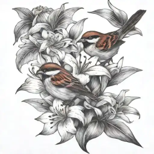 sparrow and lilies intertwined tattoo design idea