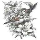 sparrow and lilies intertwined tattoo design idea