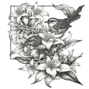 sparrow and lilies intertwined tattoo design idea