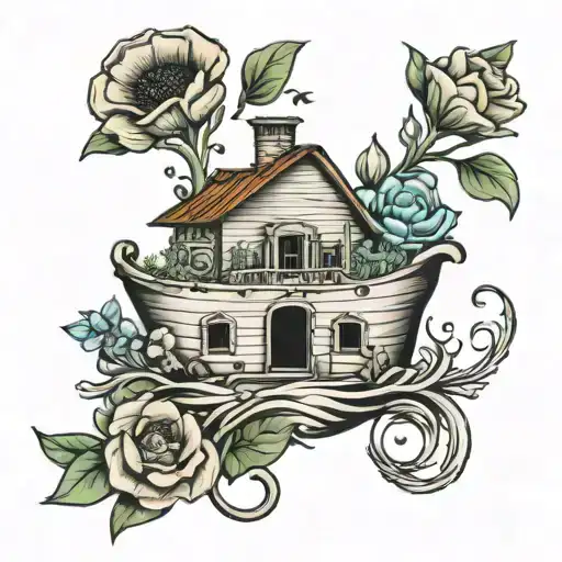 Noah's ark with poppys growing together tattoo design idea