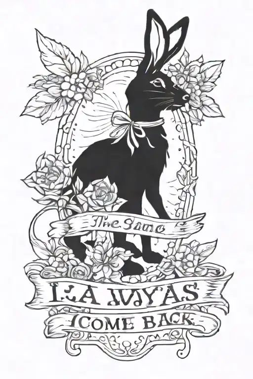 the inscription "I always come back" in two lines with a little hare from Mgra fnaf tattoo design idea