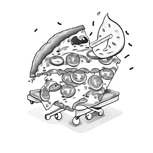A slice of pizza with a face and arms, riding a skateboard tattoo design idea
