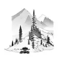 A 4RUNNER driving through a rugged mountain landscape tattoo design idea