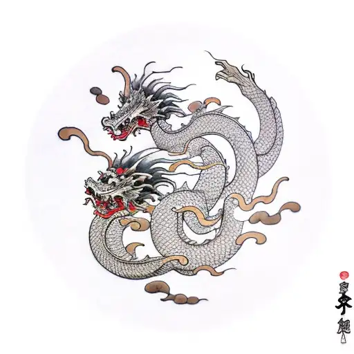 Japanese dragon with Japanese clouds and Japanese buildings  tattoo design idea