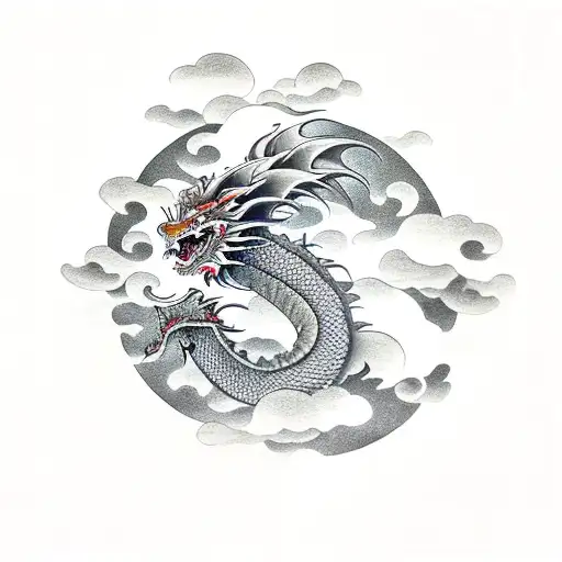 Japanese dragon with Japanese clouds and Japanese buildings  tattoo design idea