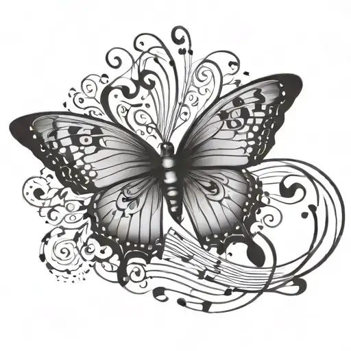 A stylized blackwork tattoo of a butterfly with musical notes as its wings tattoo design idea