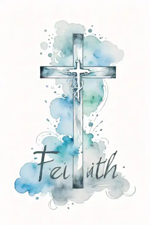 cross made with word FAITH in it black and white tattoo design idea