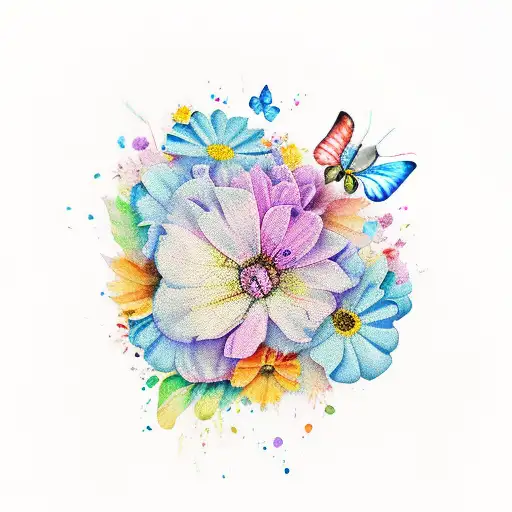flower and butterflies watercolour back and spine tattoo design idea