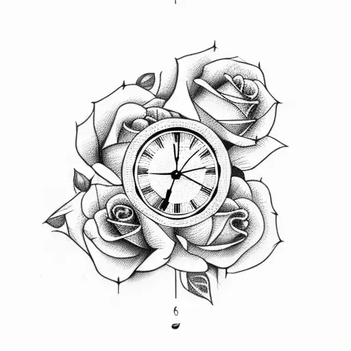 Clock and roses tattoo design idea