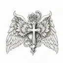 cross with heart in the middle and angel wings  tattoo design idea