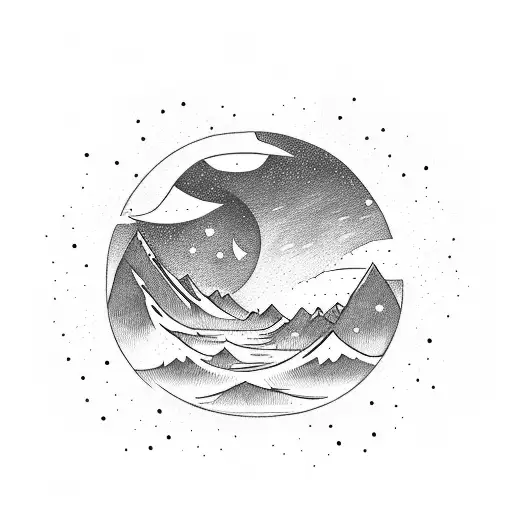 Stack of books opening up to mountain with three stars and moon tattoo design idea