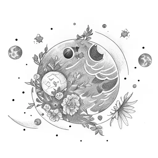 Stack of books with flowers, stars, moon, magic tattoo design idea