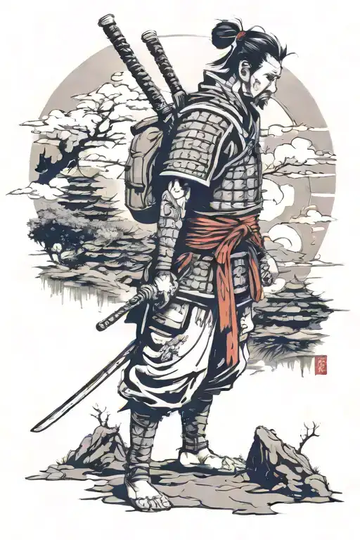 A Japanese samurai warrior standing alone in a post-apocalyptic wasteland, symbolizing resilience and strength in the face of adversity tattoo design idea