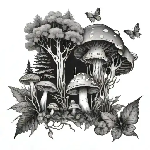 Forest with mushrooms and moths tattoo design idea