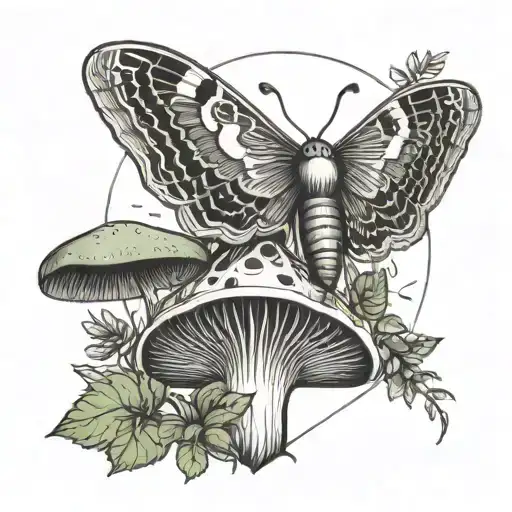 A moth perched on a mushroom, surrounded by lush greenery tattoo design idea