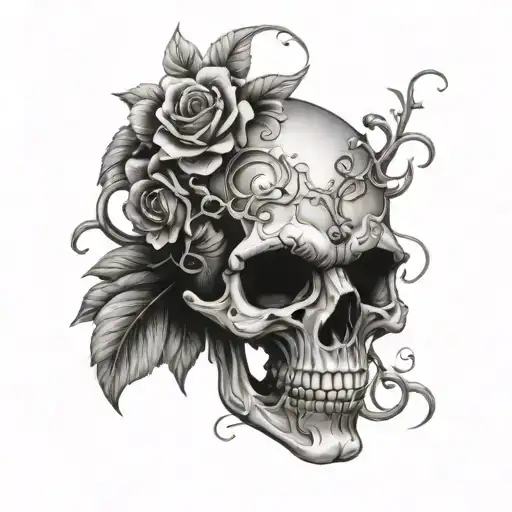 A skull wearing a theatrical mask, with vines and flowers intertwining around it tattoo design idea