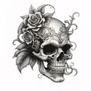 A skull wearing a theatrical mask, with vines and flowers intertwining around it tattoo design idea