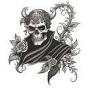 A skull wearing a theatrical mask, with vines and flowers intertwining around it tattoo design idea