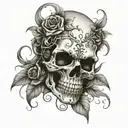 A skull wearing a theatrical mask, with vines and flowers intertwining around it tattoo design idea