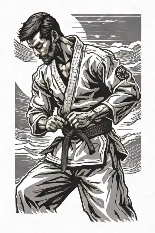 karate master standing straight with his hands beside him. the sun shines from behind him giving him a glow tattoo design idea