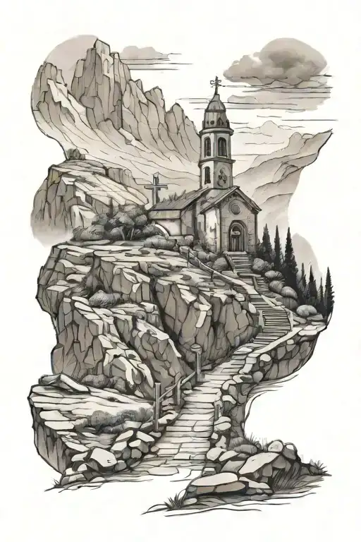 Mountain landscape that has a path leading to 3 crosses and a church at the top tattoo design idea