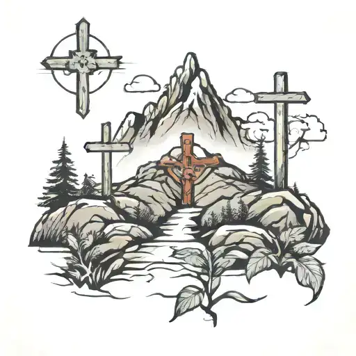 Mountain path leading to peak and 3 crosses tattoo design idea