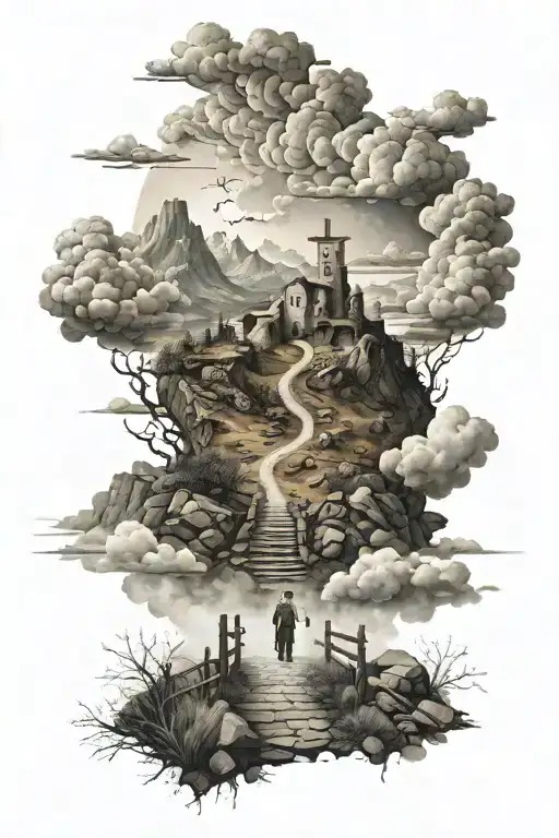 Mountain landscape that has a path leading to 3 crosses clouds aboves and the gates of heaven open with 3 people walking tattoo design idea