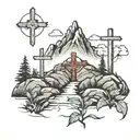 Mountain path leading to peak and 3 crosses tattoo design idea
