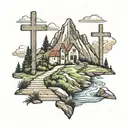 Mountain path leading to peak and 3 crosses tattoo design idea