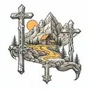 Mountain path leading to peak and 3 crosses tattoo design idea