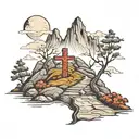 Mountain path leading to peak and 3 crosses tattoo design idea