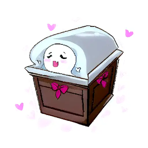 coffin with a cute ghost popping out of it with hearts around it tattoo design idea